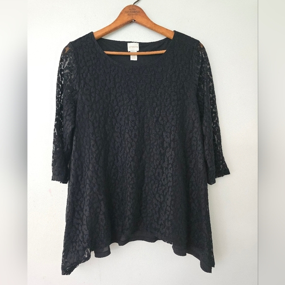 Chico's Women's Black Lace Cheetah Animal Print Blouse Tunic Top size 1 Medium - Picture 1 of 10